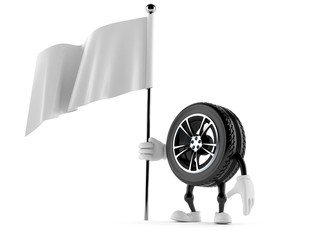 Canvas Print - Car wheel character holding blank flag