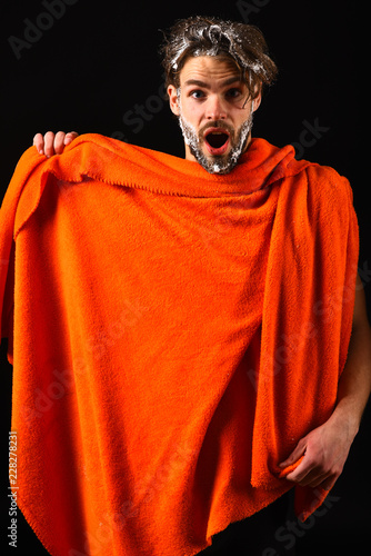 Man With Orange Towel Ready To Take Shower Macho Attractive Nude