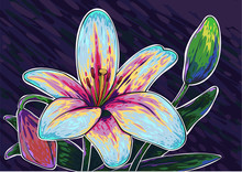 Flower  Lilly Comic Art In Modern Vector Gogh Style, Fresh Juice Palette, Extic Botanical Leafs, Neon Toxic.