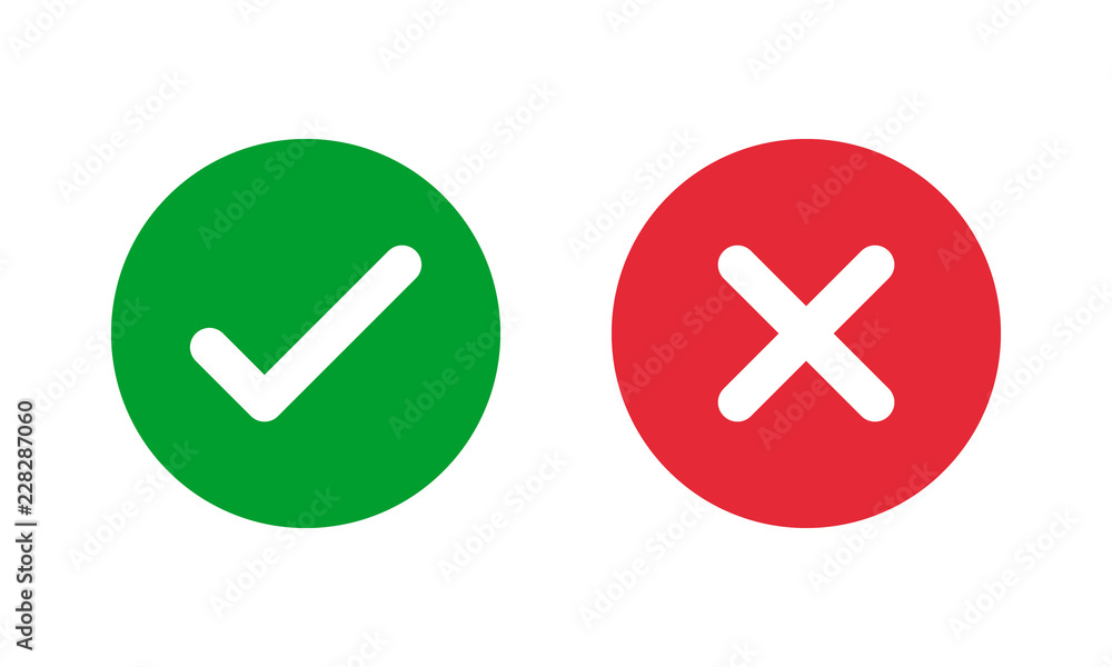 green check and red cross symbols, round vector signs - obrazy, fototapety, plakaty 