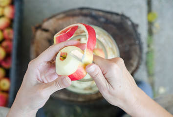 Wall Mural - Making of apple vinegar - scene from above - hand peeling apples