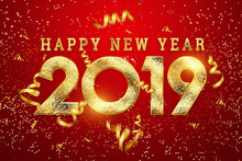 Realistic 2019 Golden Numbers And Festive Confetti, Stars And Spiral Ribbons On Red Background. Happy New 2019 Year. New Year Ornament. Decoration Element With Tinsel, Copy Space. Creative Background.