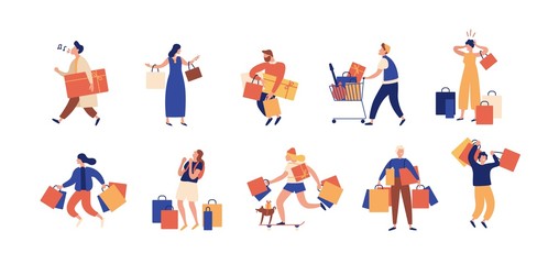 Wall Mural - Collection of people carrying shopping bags with purchases. Men and women taking part in seasonal sale at store, shop, mall. Cartoon characters isolated on white background. Flat vector illustration.