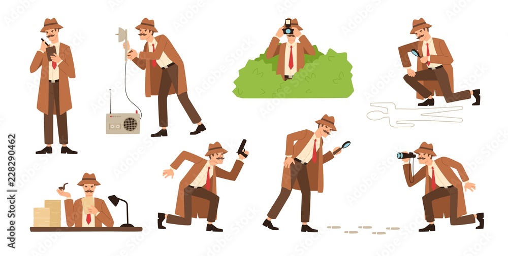 Bundle of detective with mustache looking through magnifying glass, sneaking, spying, solving crime, photographing. Male cartoon character isolated on white background. Flat vector illustration. - obrazy, fototapety, plakaty 