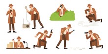 Bundle Of Detective With Mustache Looking Through Magnifying Glass, Sneaking, Spying, Solving Crime, Photographing. Male Cartoon Character Isolated On White Background. Flat Vector Illustration.