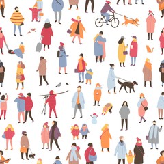 Fototapete - Seamless pattern with tiny people dressed in outerwear walking and performing outdoor activities. Backdrop with men and women wearing winter clothes on city street. Flat cartoon vector illustration.