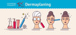 Vector Illustration set with salon dermaplaning. Infographics with icons of medical cosmetic procedures for facial skin. Horizontal banner.