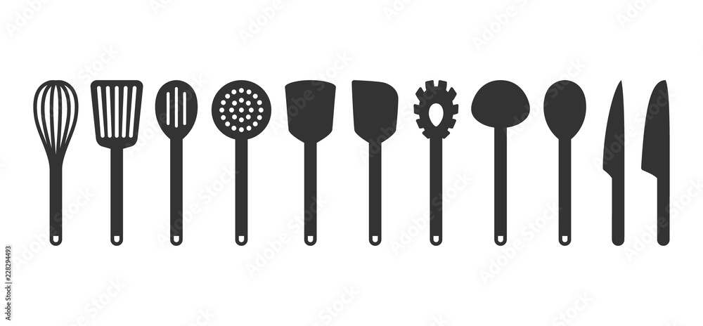 Cooking utensil set of tools. Kitchen tools black isolated vector icons. Slotted turner, spoon, knives, whisk, pasta server icons. - obrazy, fototapety, plakaty 