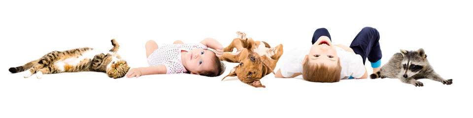 Group of cute children and pets, isolated on white background