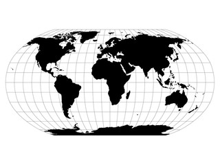 world map in robinson projection with meridians and parallels grid. black land with black outline. v