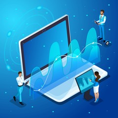 Wall Mural - isometric modern businessman and business ladies work with gadgets, virtual screen management, work 