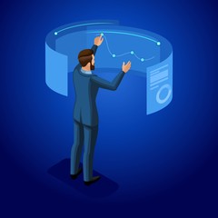 Wall Mural - isometric businessman with gadgets, young entrepreneur, manages gadgets through online, virtual scre