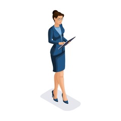 Wall Mural - Isometric business woman with gadgets, young entrepreneur, looks at a report on a tablet, makes a presentation, smartphone, makes a video, vector illustration