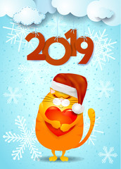 New Year background with funny cat, Santa's hat and text