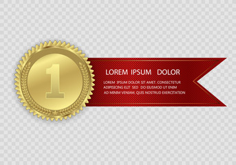 Champion medails with red ribbon. Banner. Winner award competition, prize medal and banner for text. Award medals isolated on transparent background. Vector illustration of winner concept.