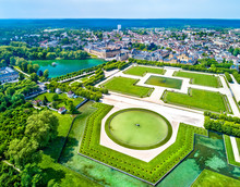 Aerial View Of Chateau De Fontainebleau With Its Gardens, A UNESCO World Heritage Site In France