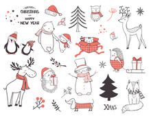 Cute Christmas Animals And Elements Set