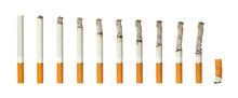 Cigarettes Burning And Extinguished Cigarette Butt On White Isolated Background.