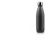 Black-matte, empty stainless thermo water bottle close-up isolated on white background. Studio photography