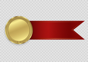 champion medails with red ribbon. banner. winner award competition, prize medal and banner for text.