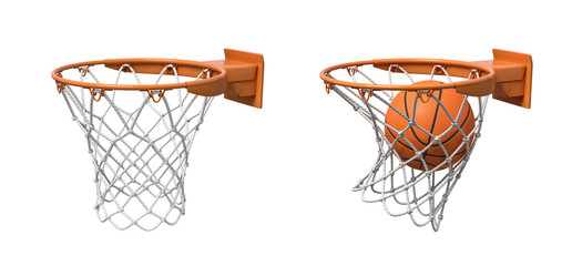 3d rendering of two basketball nets with orange hoops, one empty and one with a ball falling inside.