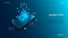 Concept Of Smart City With IoT. Digital Hologram Of Smart City On The Screen Of Smartphone With Internet Of Things. Vector Illustration With Wireless Connections Of Information Technology Icons.