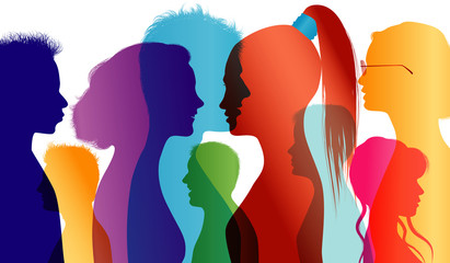 Wall Mural - Young people talking. Students. Young people. Students talking. Colored silhouette profiles. Vector Multiple exposure