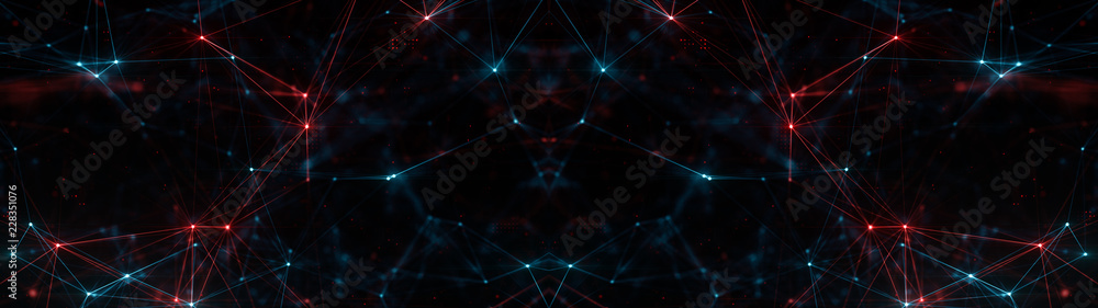 Abstract ultra wide plexus structure of many glowing lines and particles. Orange blurred background with digital composition and optical flares. 3d rendering - obrazy, fototapety, plakaty 