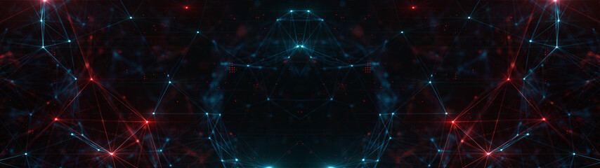 Wall Mural - abstract ultra wide plexus structure of many glowing lines and particles. orange blurred background 
