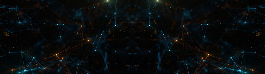 Wall Mural - abstract ultra wide plexus structure of many glowing lines and particles. orange blurred background 