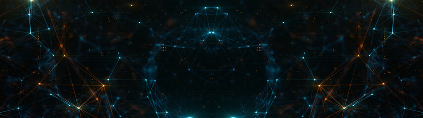 Wall Mural - abstract ultra wide plexus structure of many glowing lines and particles. orange blurred background 