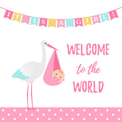 Baby Shower girl card. Vector. Sweet pink banner with stork, kid, flags, polka dot pattern. Baby girl birth party poster in flat design. Cute template invite background. Colorful cartoon illustration.