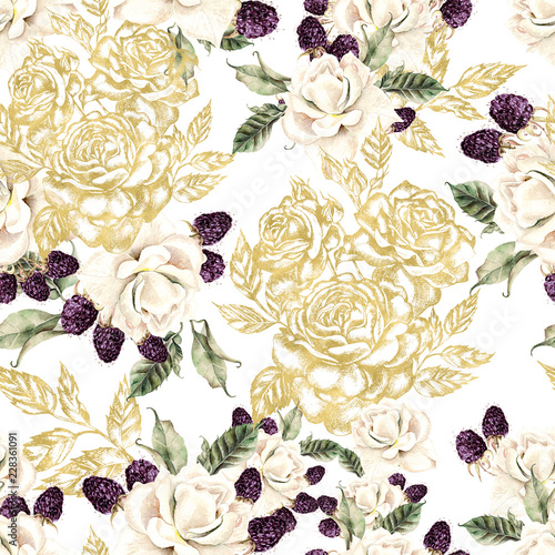 Beautiful watercolor and golden graphic seamless pattern with roses and berri...