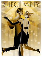 Dancing couples at a party in the style of the early 20th century. Retro party invitation card. Handmade drawing vector illustration. Art Deco style.