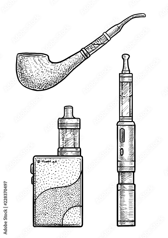 electronic cigarette, pipe illustration, drawing, engraving, ink, line art,  vector Stock Vector | Adobe Stock