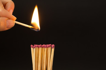 Burning match on a black background. The concept of fire.