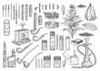 Cigarete accessories, equipment collection, illustration, drawing, engraving, ink, line art, vector