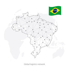 Wall Mural - Global logistics network concept. Communications network map Brazil on the world background. Map of Brazil with nodes in polygonal style and flag. Vector illustration EPS10. 