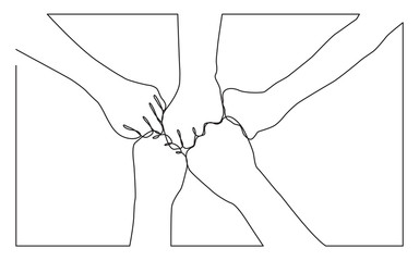 continuous line drawing of hands of team bumping fists together