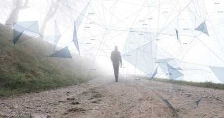 Wall Mural - man walks on foggy road with artistic computer connections cyberspace background.