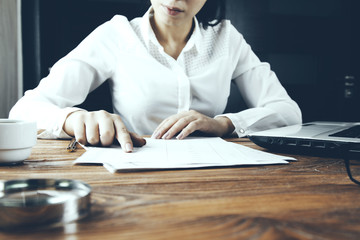 woman hand document with keyboard