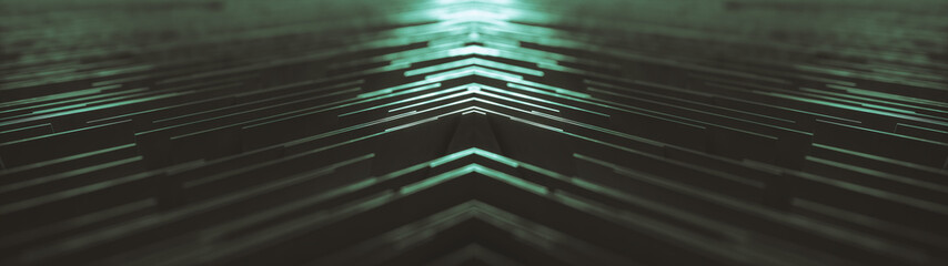 Wall Mural - geometric ultra wide background made of many metal walls with glowing light above and depth of field