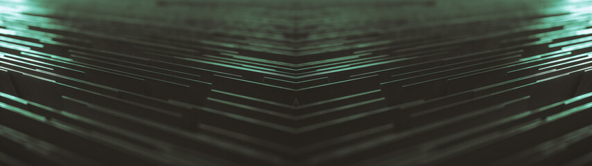 Wall Mural - geometric ultra wide background made of many metal walls with glowing light above and depth of field