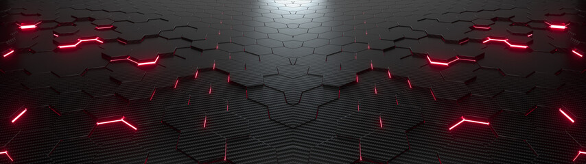 Wall Mural - abstract hexagonal geometric ultra wide background. structure of lots of hexagons of carbon fiber wi