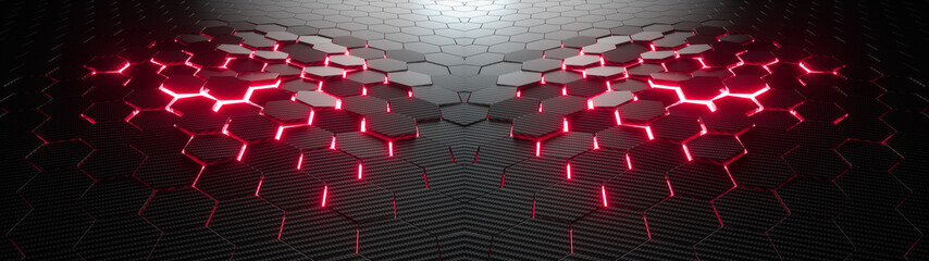 Abstract hexagonal geometric ultra wide background. Structure of lots of hexagons of carbon fiber with bright energy light breaking through the cracks. 3d rendering