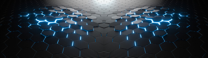 Wall Mural - abstract hexagonal geometric ultra wide background. structure of lots of hexagons of carbon fiber wi