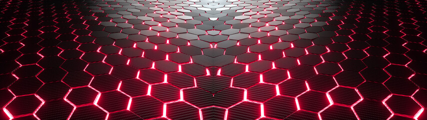 Wall Mural - abstract hexagonal geometric ultra wide background. structure of lots of hexagons of carbon fiber wi