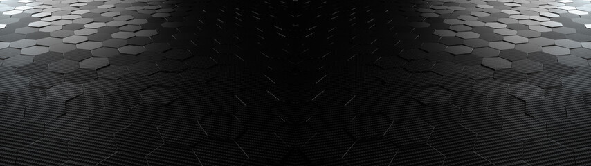Wall Mural - black abstract hexagonal geometric ultra wide background. structure of lots of hexagons of carbon fi
