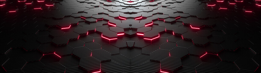 Wall Mural - Abstract hexagonal geometric ultra wide background. Structure of lots of hexagons of carbon fiber with bright energy light breaking through the cracks. 3d rendering