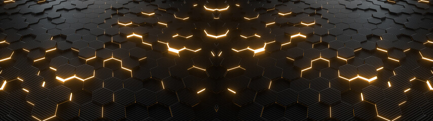 Wall Mural - abstract hexagonal geometric ultra wide background. structure of lots of hexagons of carbon fiber wi